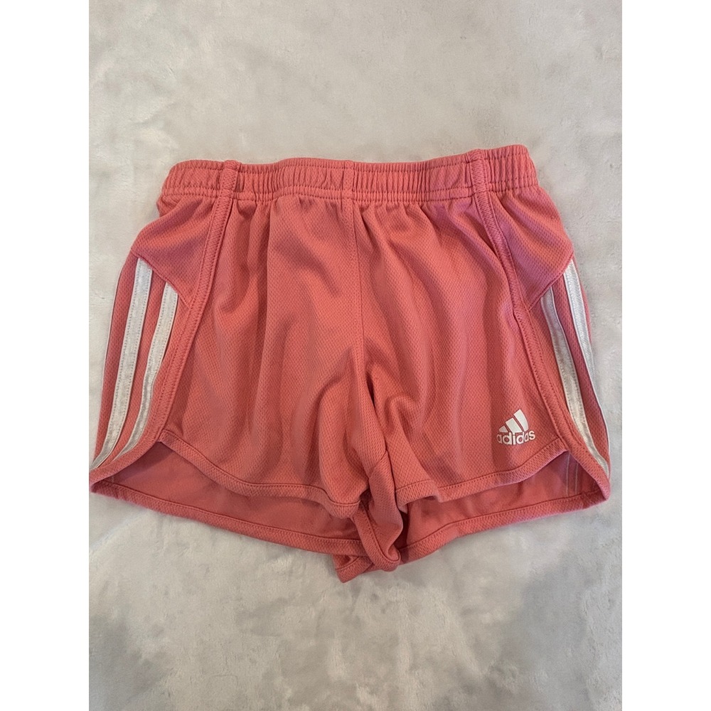 Adidas Girls Coral Pink Mesh Athletic Shorts 3-Stripe Dolphin Hem Sporty